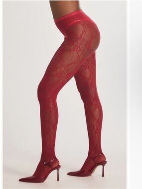 New Savage X FENTY Women's Savage X Lace Floral Sheer Tights Red Cognac